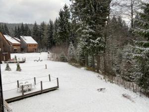 ハルラホフにあるHorský Chalet Harrachovの雪に覆われた木々と納屋