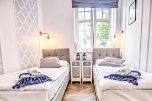 two beds in a room with two windows at Family Luxury Nature Apartment, 1-6, 2 sypialnie i salon, 100m Bazylika in Gdańsk