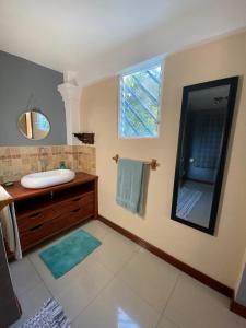 a bathroom with a tub and a sink and a window at Studio Pilon De Pavones in Pavones