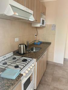 a small kitchen with a stove and a sink at Javier in Santa Teresita
