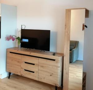 a television on a wooden dresser in a living room at Sand 4 in Stanzach