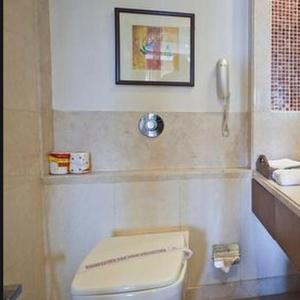 bagno con servizi igienici bianchi e telefono. di Hotel Gwalior Regency a Gwalior