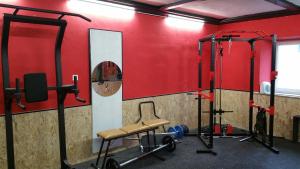 a room with a gym with a chair and a mirror at Edel Weiss Gästezimmer in Fürstenstein