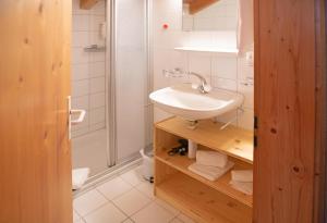 un bagno con lavandino, doccia e WC di Hotel Bergführer a Elm