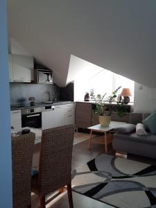 una cucina e un soggiorno con divano e tavolo di Kamilla Apartman Villapark a Bük