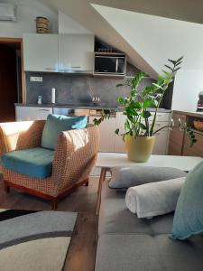 sala de estar con sofá, mesa y sillas en Kamilla Apartman Villapark en Bük