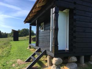 ein Blockhaus mit einer Seitentür in der Unterkunft Vila Migla in Pašekščiai