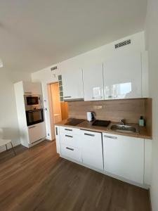 kuchnia z białymi szafkami i zlewem w obiekcie Apartment David O2 Arena Prague w Pradze