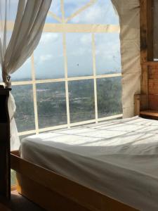 a bed in a room with a large window at Camping para dos - a escoger segun disponibilidad de caseta o cabaña in Caguas