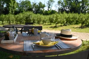 una mesa de picnic con un sombrero y una taza de café en Mas de Capelou, en Aviñón