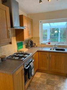 uma cozinha com armários de madeira e um forno com placa de fogão em Walcott em Hereford