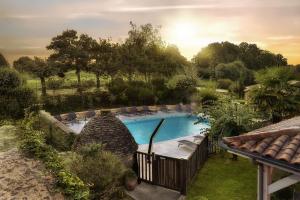 uma vista superior de uma piscina num jardim em Hotel Le Mas de Castel - Piscine chauffee em Sarlat-la-Canéda