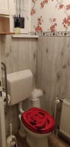 uma casa de banho com um WC com uma tampa vermelha em Ferienhaus Elstal em Wustermark