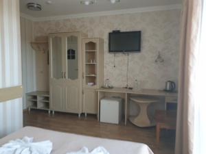 a bedroom with a desk and a tv on a wall at Готель ПАРК in Morshin