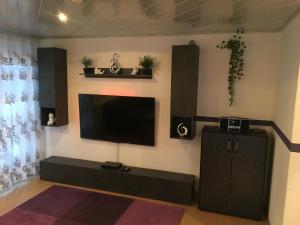 Una sala de estar con un televisor de pantalla plana en una pared. en Haus Zeichner 4 Zimmer Ferienwohnung, en Feldberg
