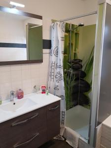 a bathroom with a sink and a shower at Ferienhaus Anja Bad Pyrmont in Bad Pyrmont +17 photos