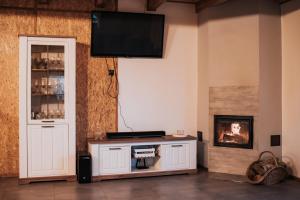 a living room with a tv and a fireplace at Cichy drewniak in Miłomłyn