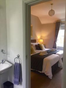 een slaapkamer met 2 bedden, een wastafel en een spiegel bij No.14 in Bunratty