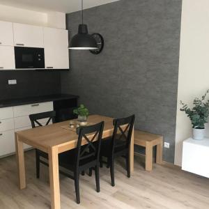 上馬爾紹夫的住宿－Apartmány Trio Krkonoše，厨房配有木桌和黑色椅子