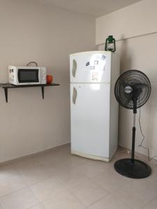 La cuisine est équipée d'un réfrigérateur blanc et d'un four micro-ondes. dans l'établissement Casa Olivia, à Alta Gracia