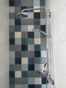 een douche in een badkamer met een kleurrijke muur bij Aan de Molenberg in Broekhuizen