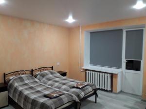 Duas camas num quarto com uma janela em Квартира студіо біля Автовокзалу em Kremenchuk