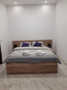 a bedroom with a large bed with purple pillows at Villa Anela in Pasuljište