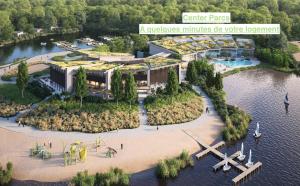an aerial rendering of a building on an island in the water at gite de plaisance in Lagarde