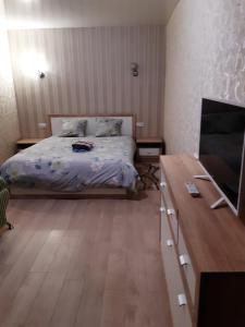 um quarto com uma cama e uma televisão em Квартира Центр em Vinnytsya