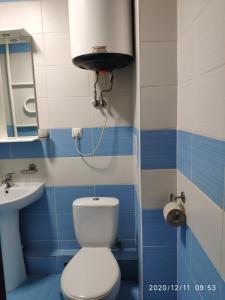 baño azul y blanco con aseo y lavamanos en Апартаменти в районі АВТОВОКЗАЛУ Поблизу Обласноі лікарні en Rivne
