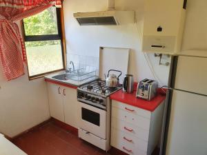 a small kitchen with a stove and a refrigerator at Parcela de 3 hectáreas con orilla de Lago in Las Cabras