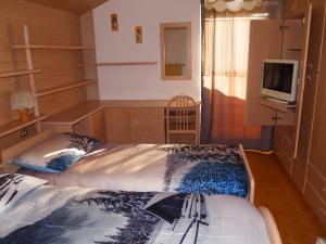 two beds in a room with a tv and a bedroom at Ciasa Giorgina in Pozza di Fassa