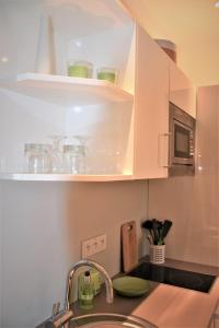 eine Küche mit Spüle und ein paar Tassen im Regal in der Unterkunft Appartement du Rhin in Neuhaeusel
