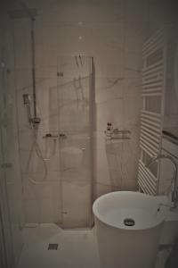 y baño con ducha, aseo y lavamanos. en Appartement du Rhin en Neuhaeusel