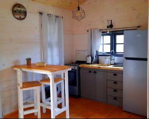 a kitchen with a refrigerator and a table in it at Ocean Paradise 2 in Punta Del Diablo +8 photos