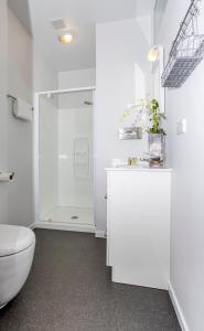 ein weißes Bad mit einem WC und einer Dusche in der Unterkunft Tasman View Accommodation in Lower Moutere