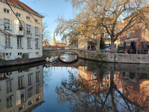 a river in a city with buildings and a bridge at B&B 't Walleke in Bruges