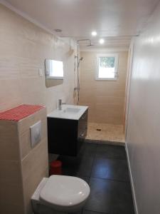 uma pequena casa de banho com WC e lavatório em Le Clos des Pins em Rivedoux-Plage