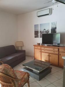 een woonkamer met een bank en een flatscreen-tv bij Maison ronde atypique et unique in Torreilles