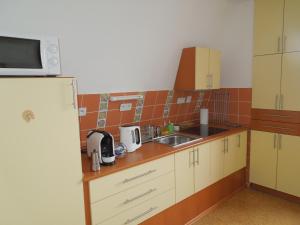 a small kitchen with a sink and a refrigerator at Apartmán Mocca in Kašperské Hory