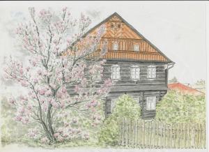 um desenho de uma casa velha com uma árvore em Rodinný penzion Dřevěnka-Kulturni Pamatka em Bozkovska