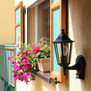 ein Straßenlicht und ein Fenster mit Blumen drauf in der Unterkunft Ferienhaus Elbsandstein-Chalet in Bad Schandau