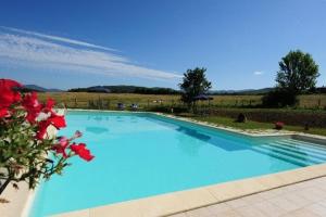 a large blue swimming pool with red flowers next to it at Agriturismo Villa Martis in Passignano sul Trasimeno