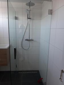 W łazience znajduje się prysznic ze szklanymi drzwiami. w obiekcie Het Paalhoofd w mieście Westkapelle