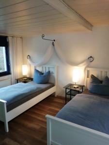 een slaapkamer met 2 bedden en blauwe kussens bij Apartment Ramersdorf in Bonn