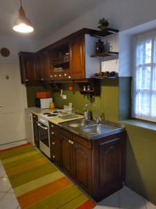 a kitchen with wooden cabinets and a sink at Sirály Apartman in Révfülöp