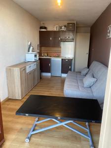 ein kleines Wohnzimmer mit einem Sofa und einer Küche in der Unterkunft Studio 4 pers vue magnifique 100m des pistes in Ax-les-Thermes