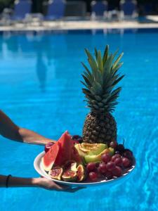 a person holding a plate of fruit next to a pool at Ethereal Villas Lefkas in Nydri