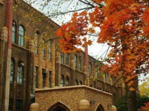 un gran edificio de ladrillo con hojas de otoño en Sapporo Clark Hotel, en Sapporo