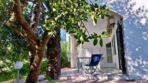 une chaise bleue assise sur une terrasse couverte à côté d'un arbre dans l'établissement Appartamenti Su Nenneri, à Bari Sardo